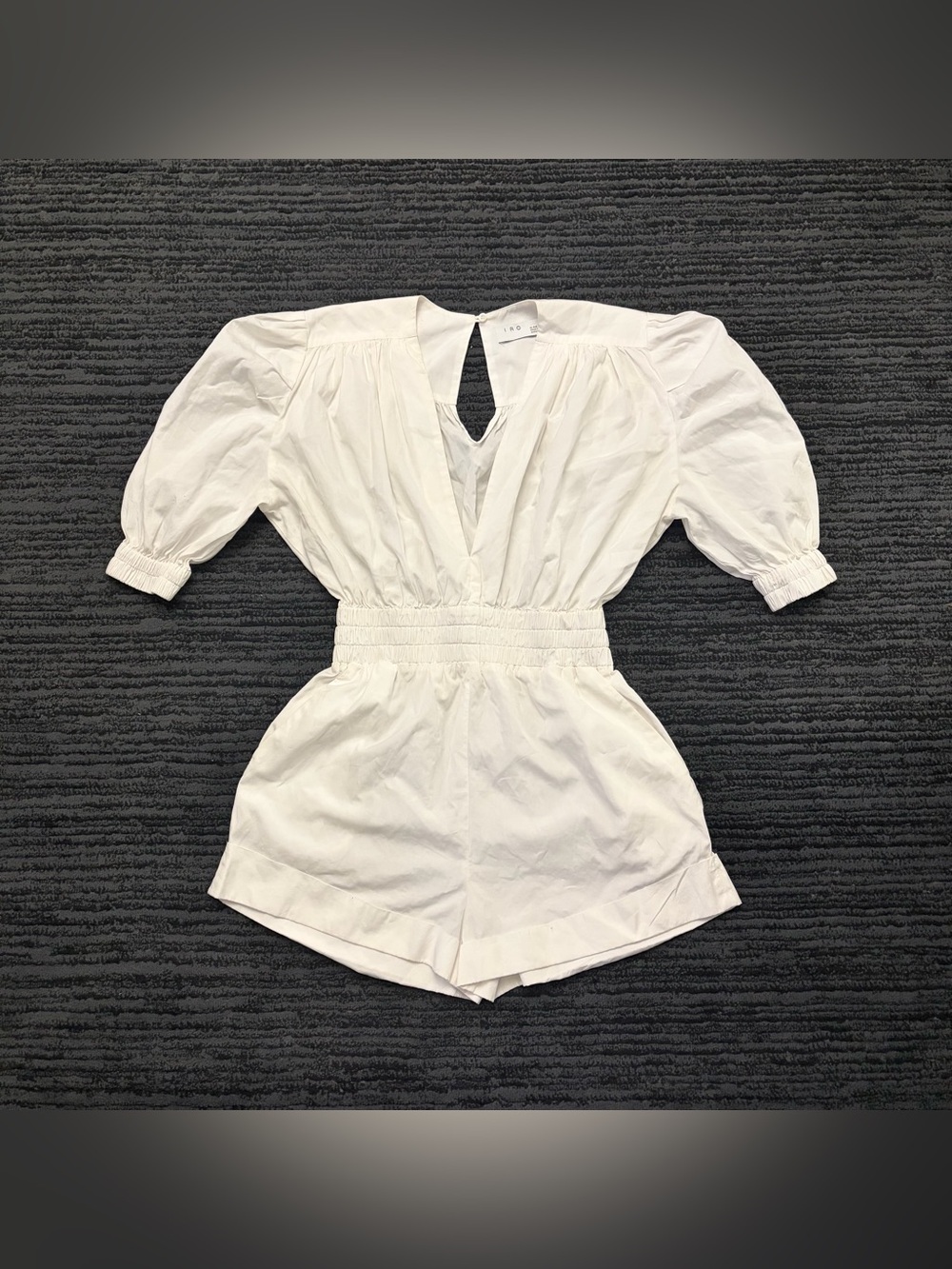 IRO Paris Lineasa Playsuit Shirred Puff Sleeve V Neck Romper with Keyhole Back